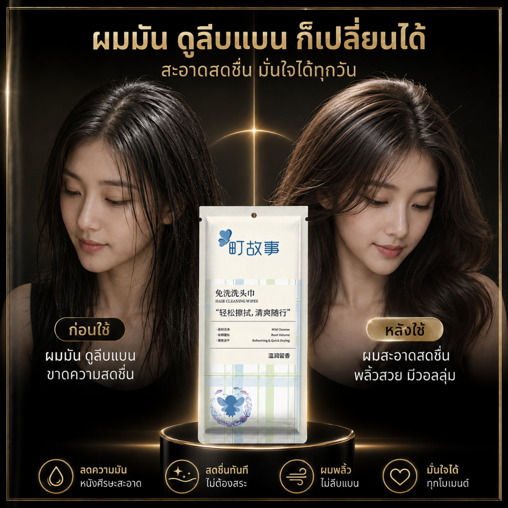 ผ้าเช็ดทำความสะอาดผม ลดผมมันและลีบแบน ไม่ต้องใช้น้ำ ช่วยให้ผมสะอาดสดชื่น ดูมีวอลลุ่ม