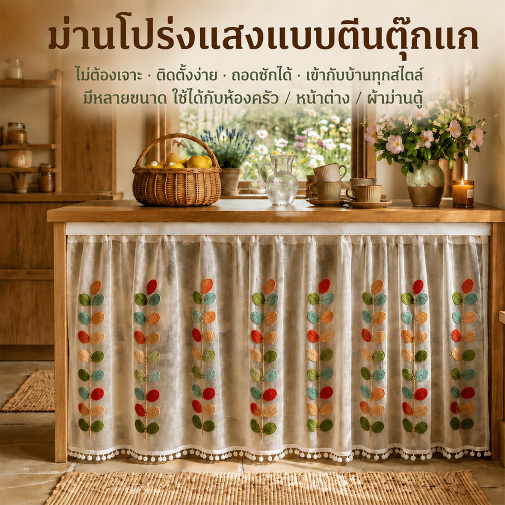 ผ้าม่าน ผ้าม่านสั้นในครัว ม่านดอกไม้ ป้องกันฝุ่น ใช้กับห้องครัว/ตู้เสื้อผ้า/หน้าต่า วัสดุผ้ากอซ มีกาวในตัว