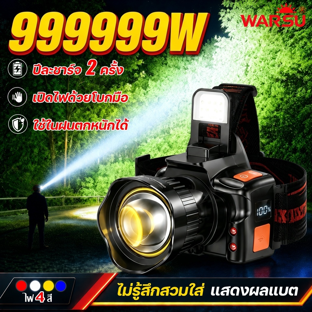 【รับประกัน 30ปี】ไฟฉายคาดหัว ไฟคาดหัว ปรับแสงได้ 4สี กันน้ำ หมุนได้90° ควบคุมด้วยโบกมือ แสดงระดับแบต ไฟส่องกบ Headlamp