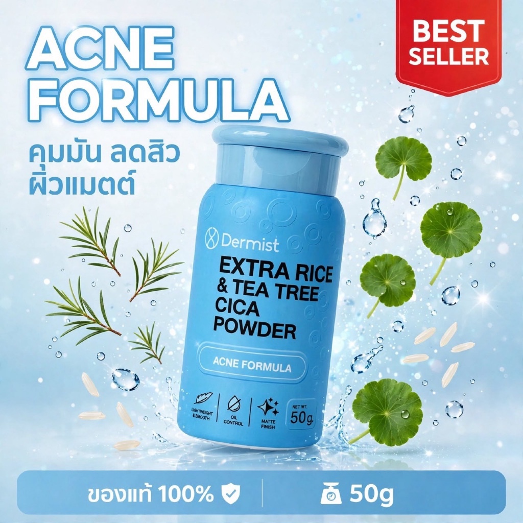 แป้งฝุ่นเดอร์มิสท์  ไรท์แอนด์ทีทรี Dermist Rice & Tea Tree Arbutin Powder สูตรลดผิวมันและลดการเกิดสิ