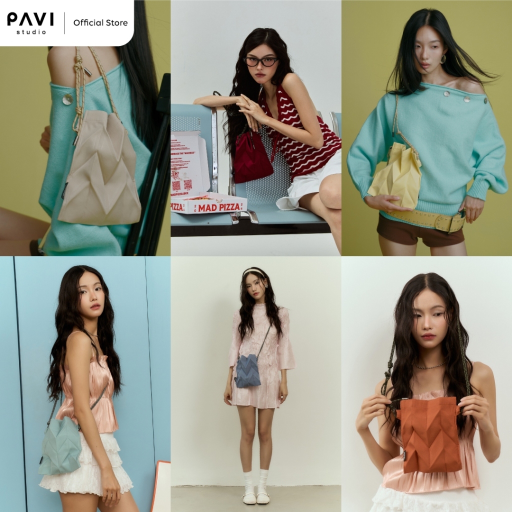 Pavi Studio - W mini knot กระเป๋าผ้าอัดพลีทลาย W สายไนลอน มี 14 สี