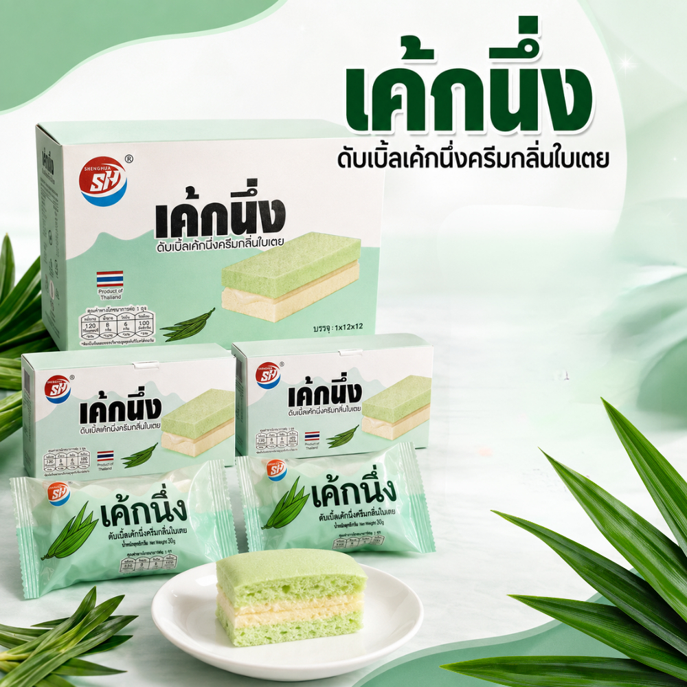 เค้กนึ่งครีมกลิ่นใบเตย แบรนด์ Shenghua ตัวเค้กนุ่ม พร้อมไส้ใบเตยรสละมุน (1 ลัง 12กล่อง จำนวน 144ชิ้น)