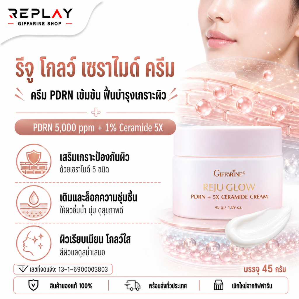 กิฟฟารีน รีจู โกลว์ PDRN 5X Ceramide Cream 45 กรัม ครีมเซราไมด์ ผิวชุ่มชื้น แข็งแรง