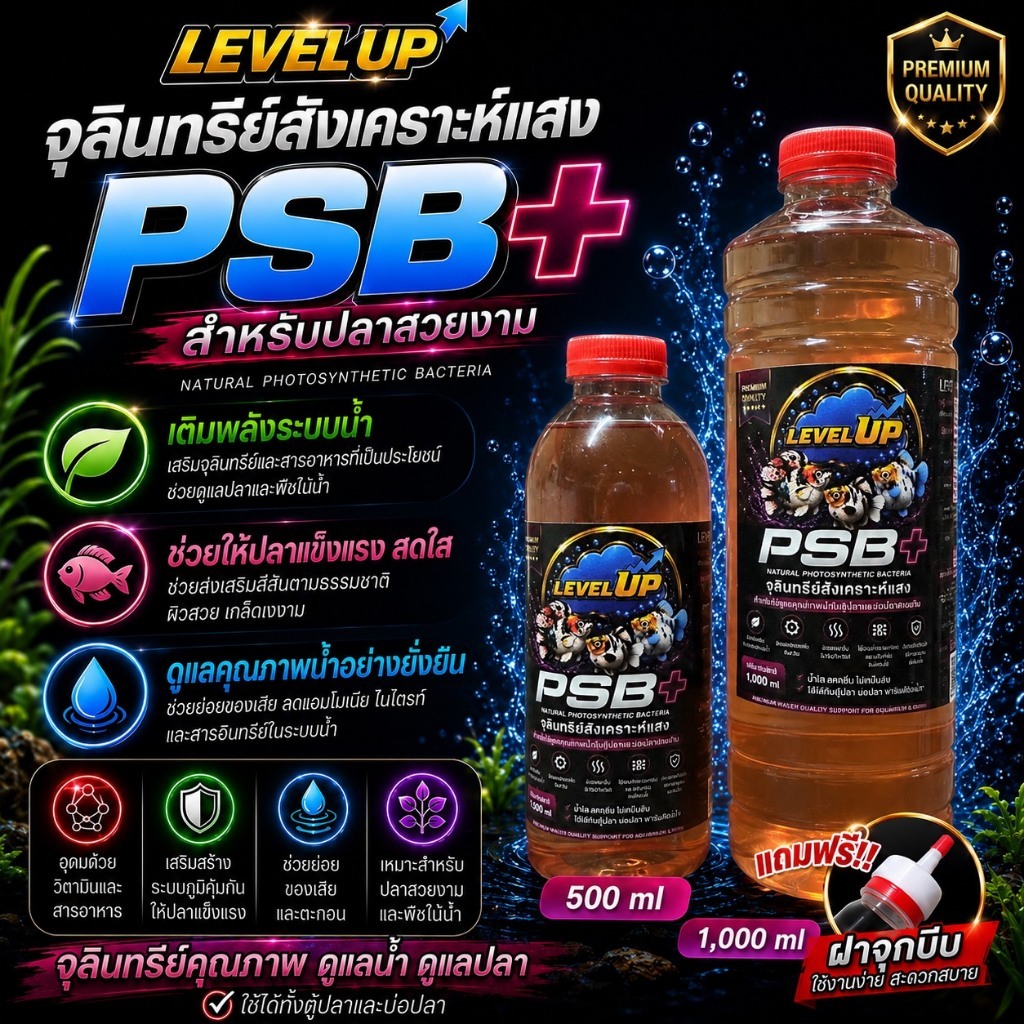 LEVEL UP PSB+ จุลินทรีย์สังเคราะห์แสง PSB ดูแลสมดุลระบบน้ำ บำรุงปลาและไม้น้ำ สำหรับตู้ปลา บ่อปลา ตู้