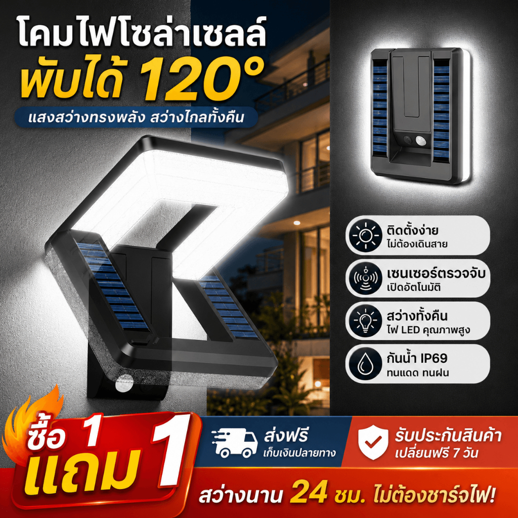 Evora โคมไฟติดผนังโซล่าเซลล์ พับเก็บได้ 3 โหมด IP69 กันน้ำกลางแจ้ง Solar Light เปิดปิดอัตโนมัติ ติดผนัง กันน้ำ กันฝุ่น
