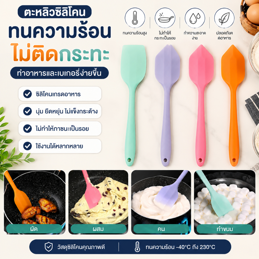 LEO-T ไม้พายครีมซิลิโคนทนความร้อนไม่ติดเหมาะสำหรับการทำอาหารอบและกวนอาหารในครัวเครื่องมือคอด