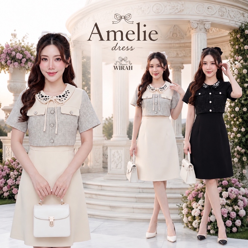 DW516Amelie dress ชุดเดรสสั้นทรงเข้ารูป กั๊กผ้าทวิตลายสลาฟท๊อบดาย ปกบัวผ้าพื้นปักลายดอกไม้ที่ปก ที่คอเสื้อเมีเชือกผู