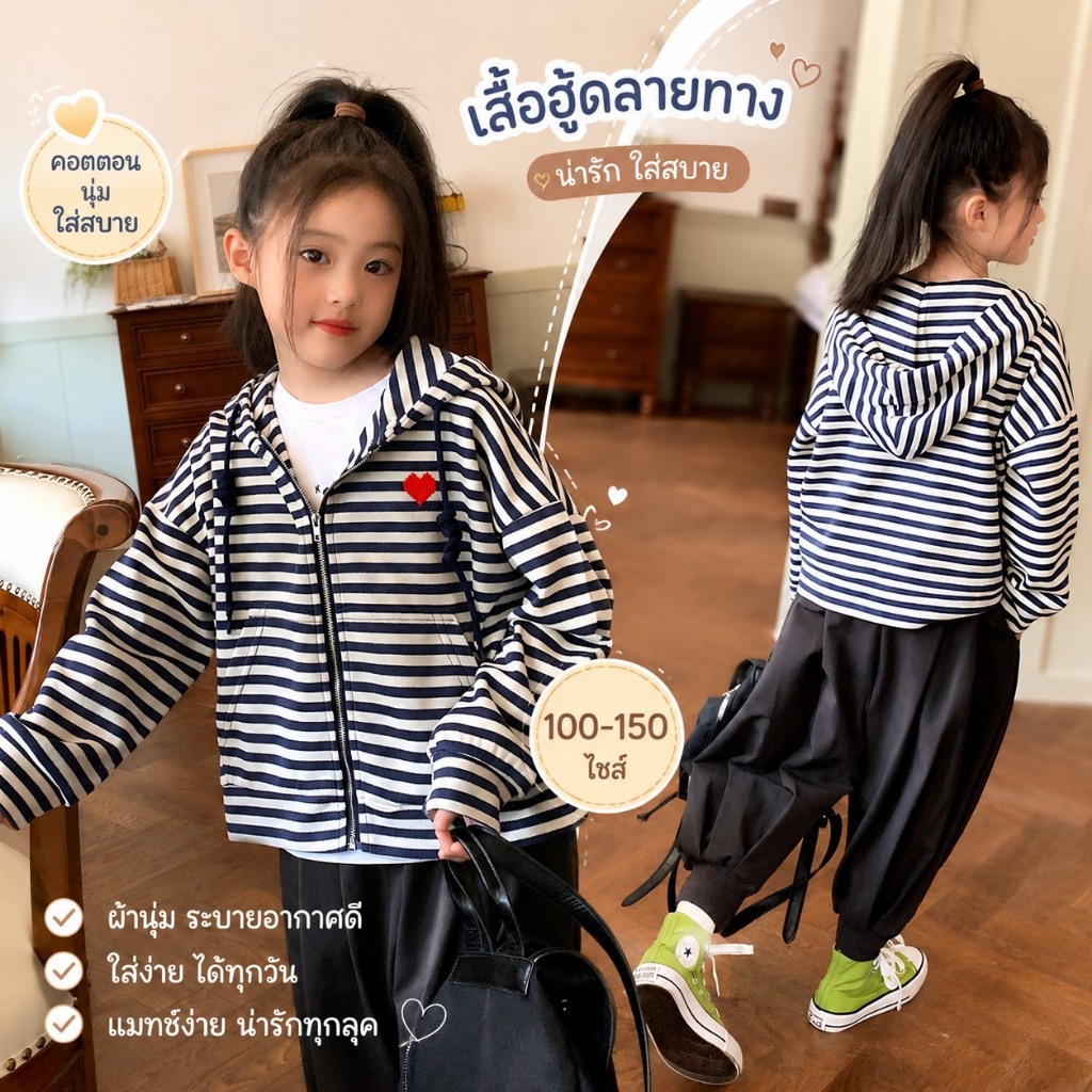 AY127  เสื้อฮู้ดซิปเด็ก ลายริ้วน่ารัก เสื้อกันลมเด็ก ใส่สบาย แมตช์ง่าย