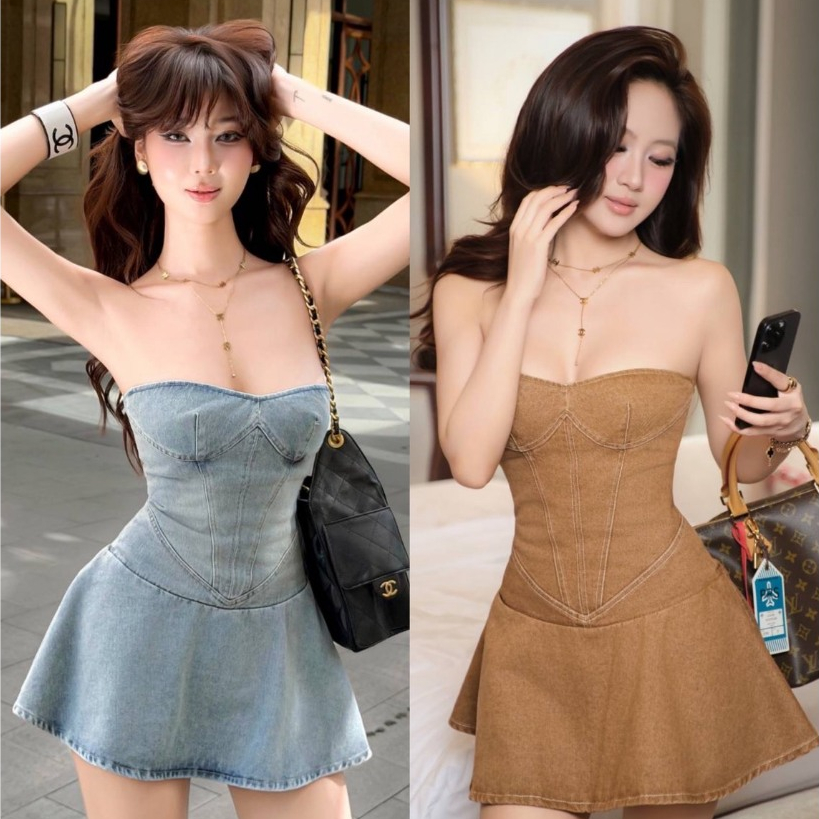 TBB Brand: มินิเดรสเกาะอกผ้ายีนส์ฟอกนิ่ม