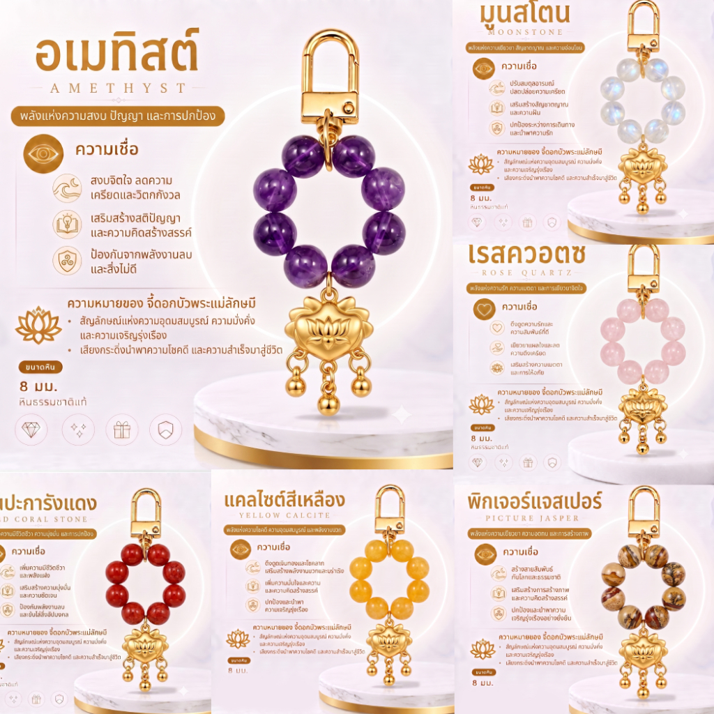 พวงกุญแจหินมงคล จี้ดอกบัวพระเเม่ลักษมี (หินธรรมชาติแท้ 100% ) พร้อมการ์ดความหมายของหิน พกพาง่าย เหมาะสำหรับห้อยกระเป๋า