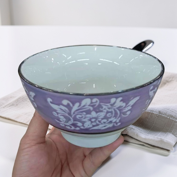 ถ้วยเซรามิก 5 นิ้ว ถ้วยซุป ถ้วยขนม ลายดอกไม้สีม่วง ทำจากเซรามิกเนื้อดี เข้าไมโครเวฟได้