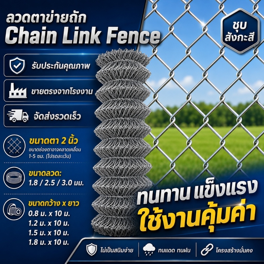ลวดตาข่ายถัก Chain Link Fence ยาว 10 เมตร สูง 0.8/1/1.2/1.5 เมตร สำหรับทำรั้วบ้านและสวน