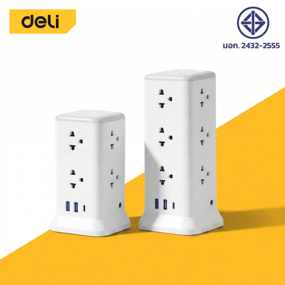 Deli ปลั๊กไฟคอนโด ปลั๊กไฟแนวตั้ง 2300W ทนร้อน เสียบได้4ทิศ สายยาว 3m/5m มีช่องType-A,C Tower Socket