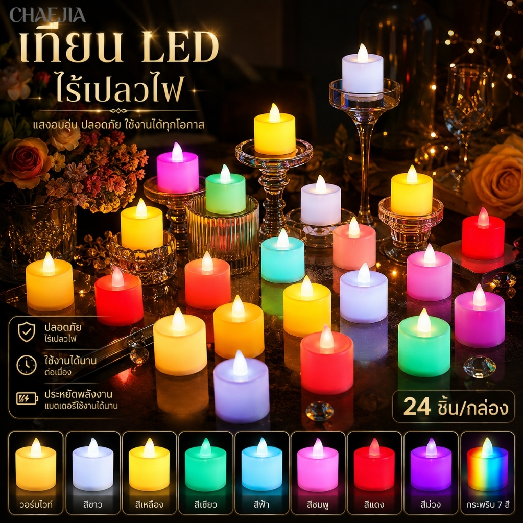เทียน LED วอร์มไวท์ 24 ชิ้น เทียนทีไลท์ไฟฟ้าไร้ควัน สำหรับตกแต่งโต๊ะ ดินเนอร์ และงานโรแมนติก