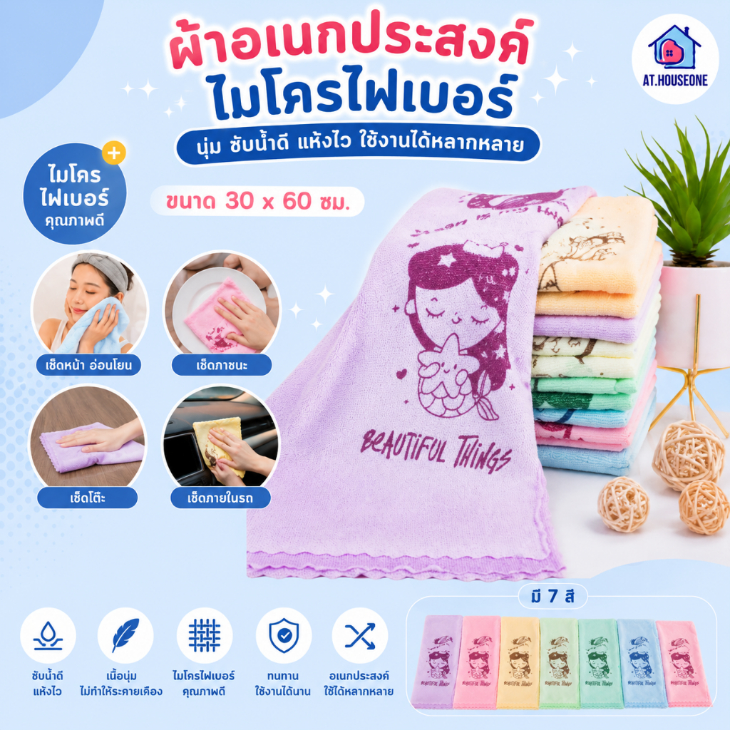 At.Houseone ผ้าเช็ดตัวไมโครไฟเบอร์อเนกประสงค์ ขนาด 30x60 ซม. ผ้านุ่ม ซับน้ำดี แห้งไว ลายการ์ตูนน่ารั