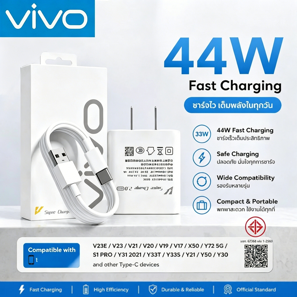 ชุดชาร์จเร็ว VIVO 44W Super Fast Charge (สายชาร์จเร็ว+หัวชาร์จ) 6Aสายชาติเร็ว type c รองรับ รับประกัน1 ปี
