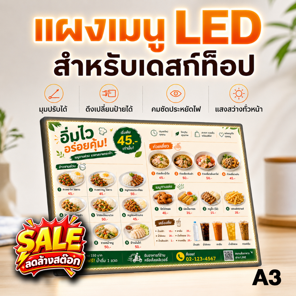 【SALE】กรอบไฟเมนูอาหาร LED A3 ชัดเจนสว่าง การจัดวางหลายมุม ป้ายไฟ ป้ายเมนู ป้ายเมนูอาหาร