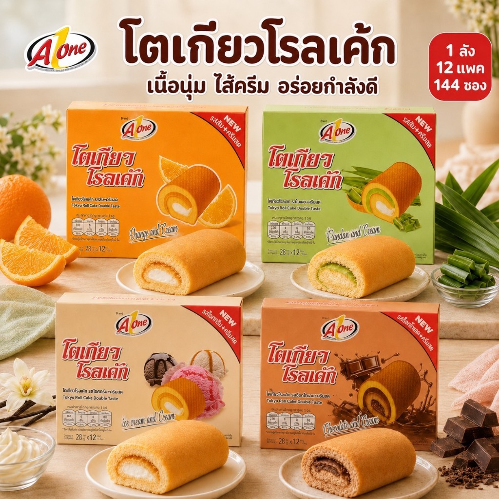 A1One เอวัน โตเกียวโรลเค้ก ส้ม/ใบเตย/ไอศกรีม/ช็อกโกแลต (ยกลัง 12 แพค 144 ซอง)