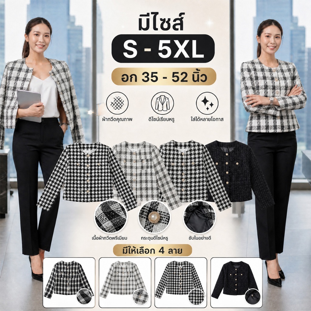 เสื้อคลุมผ้าทวิต มีไซส์ S-5XL ลายสก็อตชิคๆ แต่งกระดุมทอง  เสื้อสูททำงานกึ่งทางการสไตล์เกาหลี