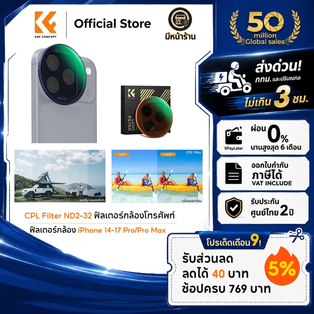 K&F CONCEPT NANO-X ND2-32 CPL Snap-On Filter ฟิลเตอร์กล้อง กันแสงสะท้อน for iPhone 14-17 Pro/Pro Max