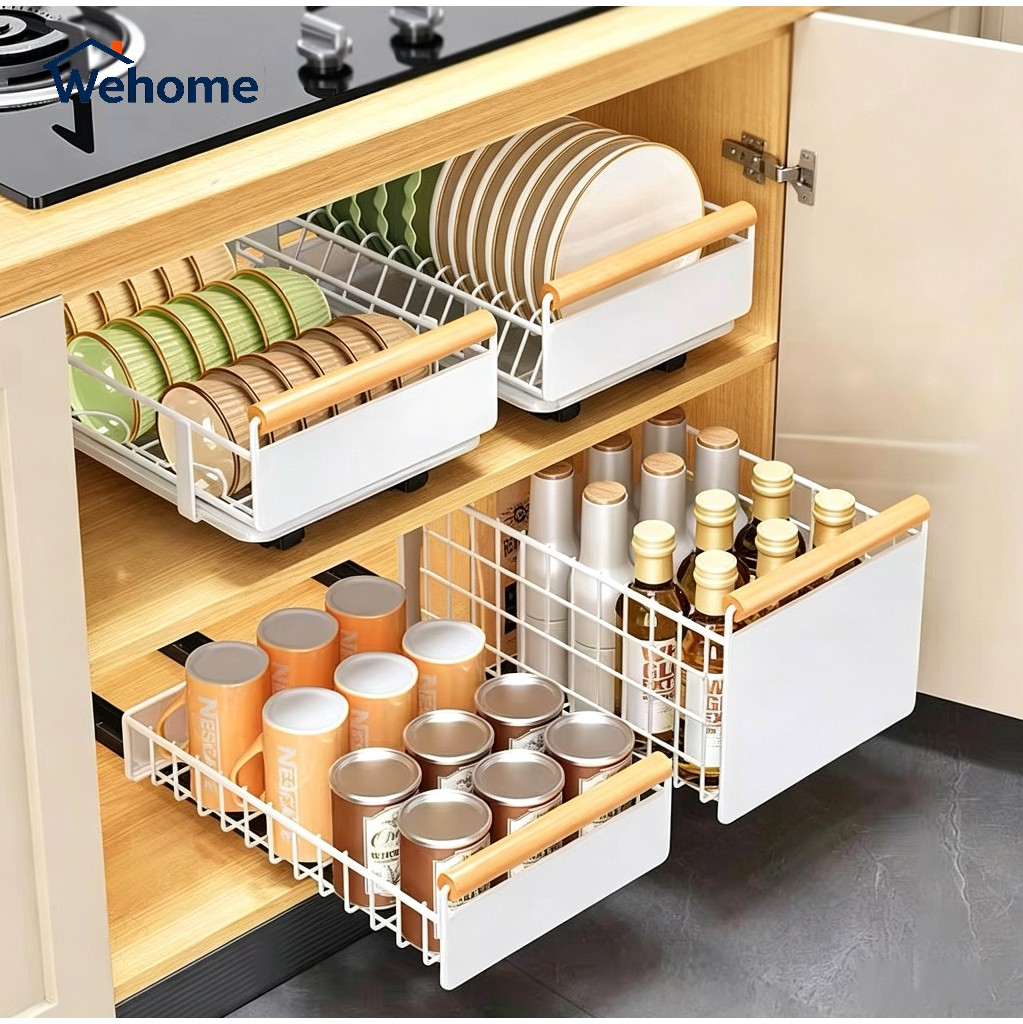 Wehome ชั้นวางจานลิ้นชักรางเลื่อน สแตนเลสแข็งแรงทนทาน สไตล์มินิมอล สำหรับเก็บจานและขวดเครื่องปรุง