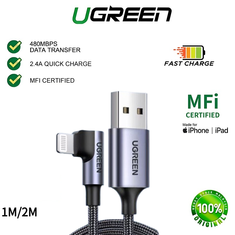 UGREEN มุมขวา 90 องศา MFi สาย USB to L 2.4A Fast Charging Cable  สําหรับ iPhone 14 13 12 11 8