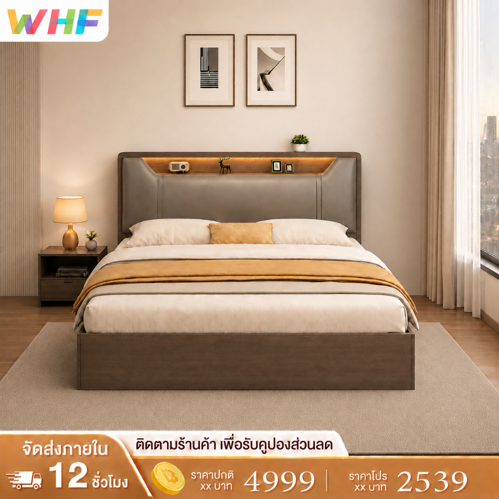 WHF เตียง พนักพิงนุ่มแน่น ปลอดภัยและเชื่อถือได้ การจัดเก็บ ไม้จริง100% รับน้ำหนักได้ 500กก