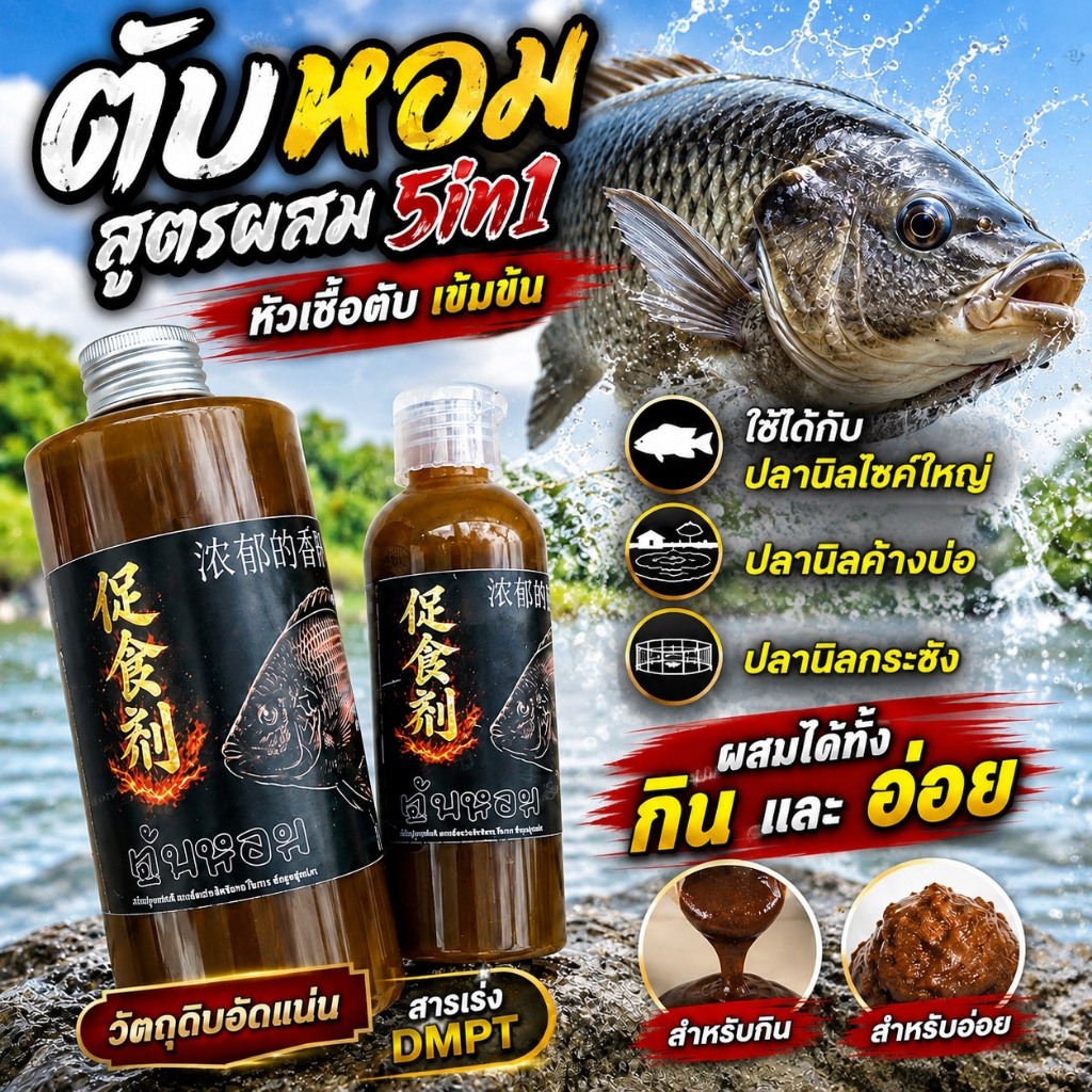 หัวเชื้อตกปลานิล ตับหอม5in1 (สูตรสำเร็จ หัวเชื้อตับหอม) สูตรเข้มข้น ดึงดูด ฝูงปลาได้นาน