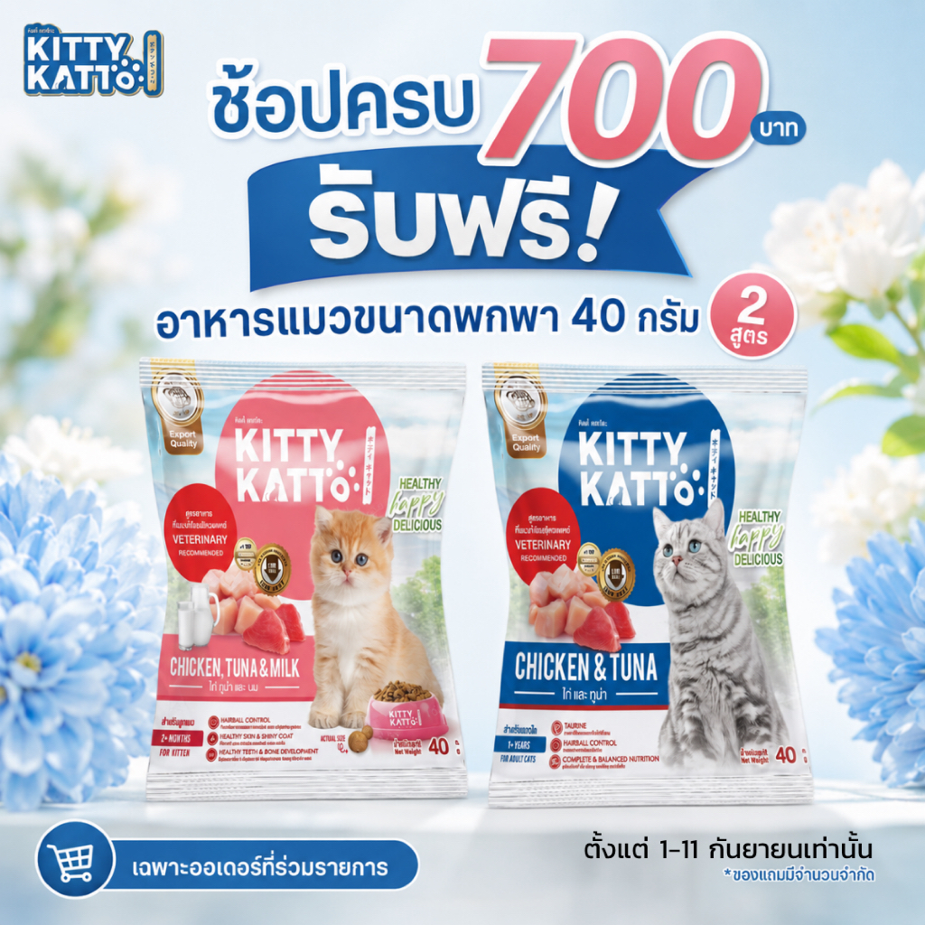 (ของแถมห้ามซื้อ) อาหารแมวสูตรแมวโต 1 ถุง + อาหารแมวสูตรลูกแล้ว 1 ถุง