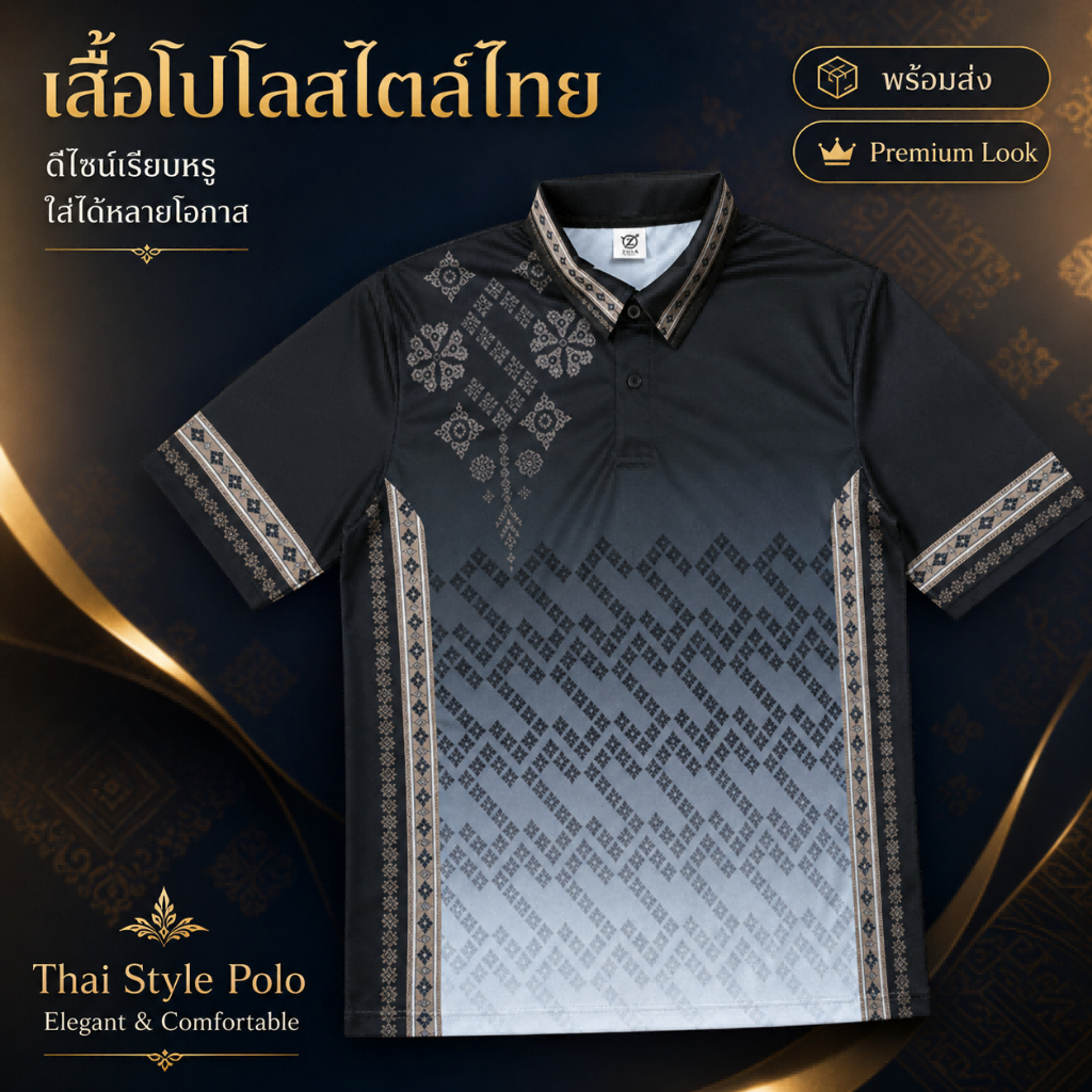 เสื้อโปโลลายไทย ผู้ชาย ผู้หญิง Unisex สีดำ สไตล์ไทย คอปกแขนสั้น ผ้าแห้งไว ระบายอากาศดี ใส่สบาย พร้อมส่งจากไทย