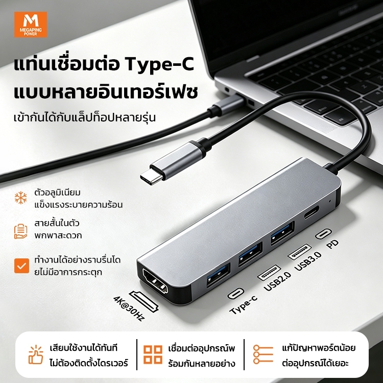 HUB Type C 5 in 1 รองรับ PD100W USB3.0 USB2.0 USB C HDMI 4K 30HZ SD/TF Card อะแดปเตอร์ฮับ