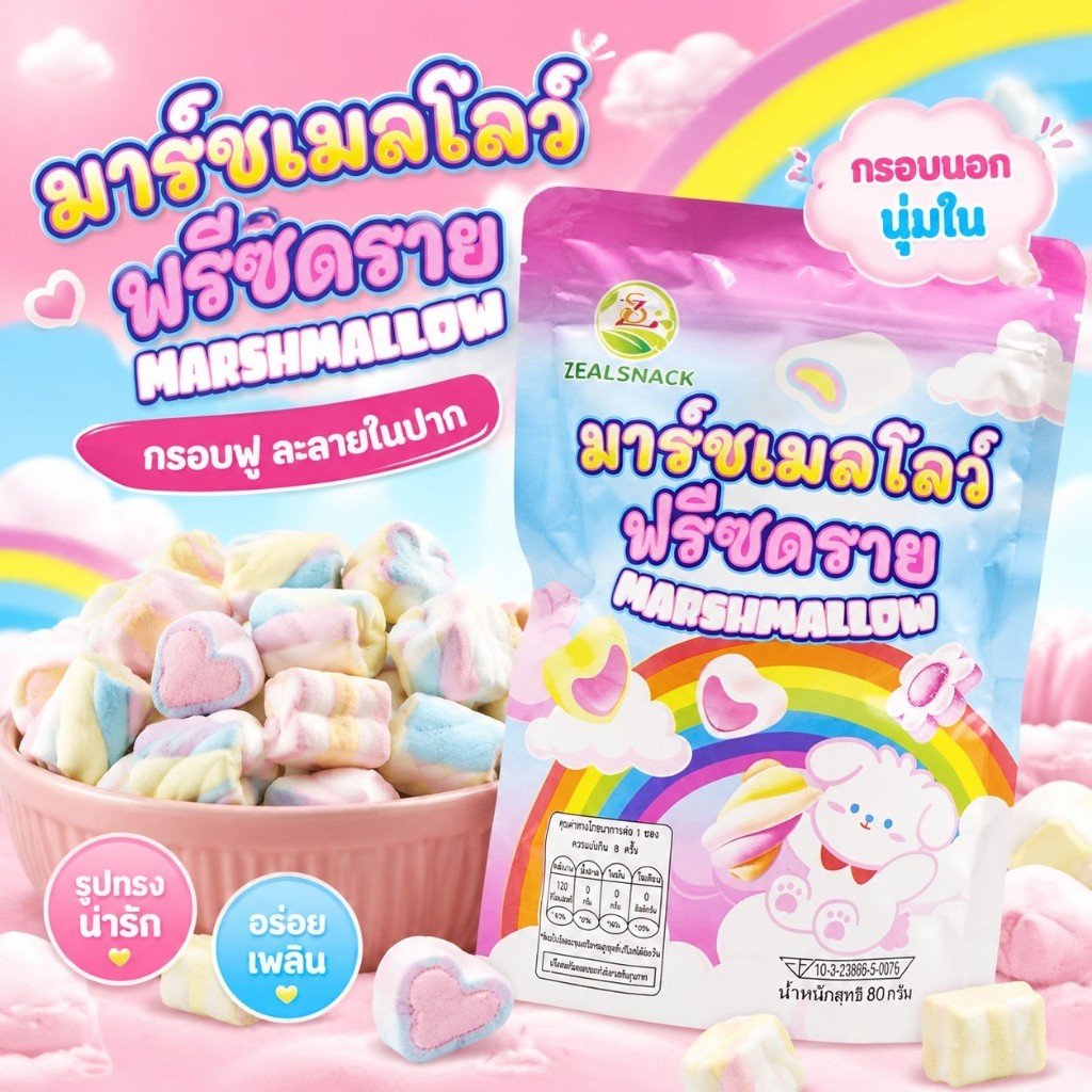 ขนมมาร์ชเมลโลว์กรอบสายรุ้ง ขนาด 80 กรัม รูปทรงแฟนซีสุดน่าทาน กรอบอร่อยละลายในปาก หอมกลิ่นผลไม้