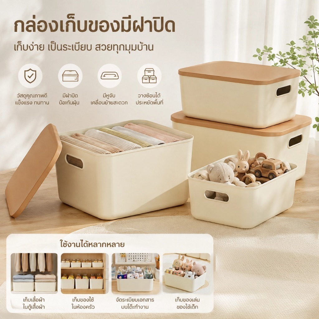 กล่องเก็บของอเนกประสงค์ ฝาปิดกันฝุ่น PP ทนทาน จุของได้เยอะ กล่องใส่ของเล่น มินิมอล มีมือจับข้าง