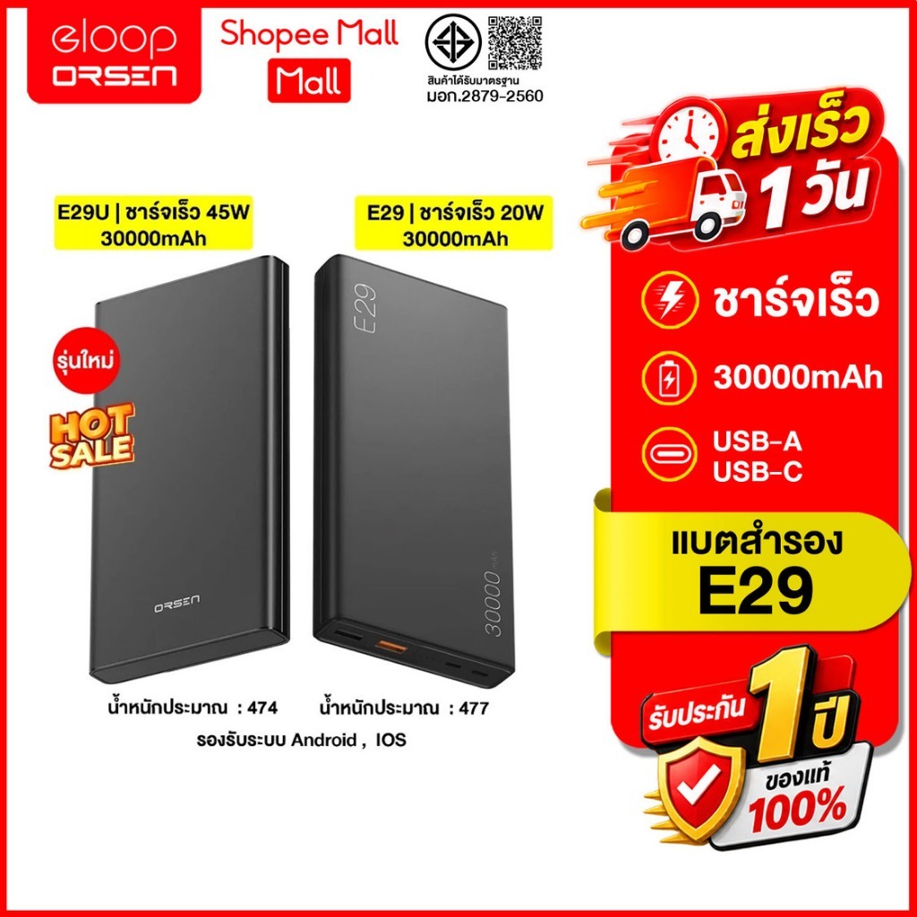 (ถูกสุด ส่งไว) Eloop E29-30W,E29Ultra-45W (สีดำ) แบตสำรอง 30000mAh QC3.0 ชาร์จเร็ว ของแท้ 100%