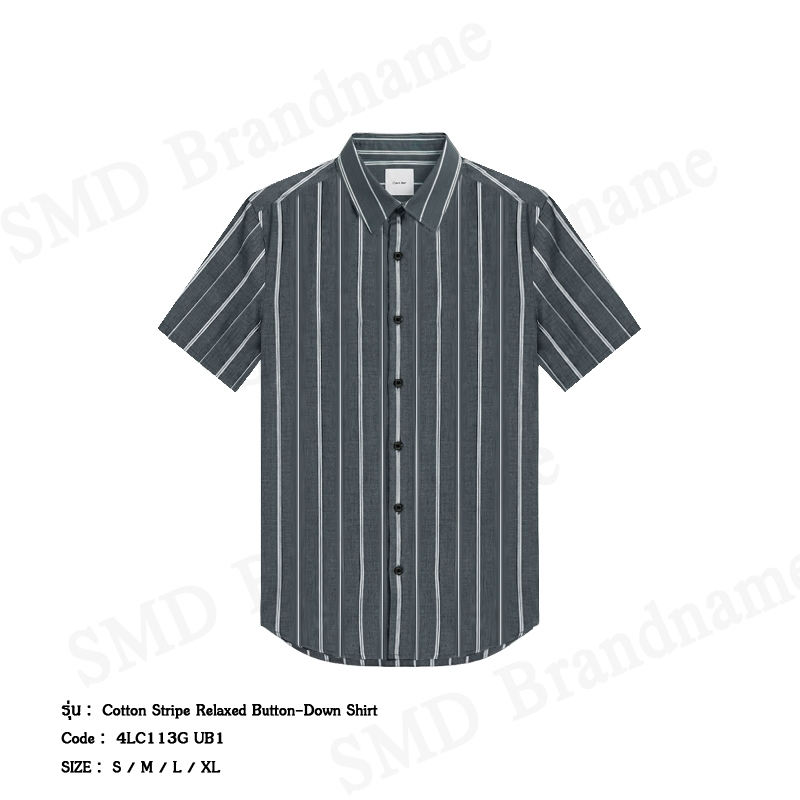 Calvin Klein เสื้อเชิ้ตแขนสั้นผู้ชาย รุ่น Cotton Stripe Relaxed Button-Down Shirt Code: 4LC113G UB1