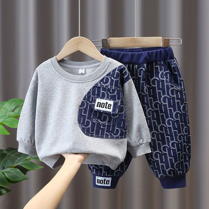 ชุดเด็กเซ็ต 2 ชิ้น เสื้อแขนยาวพร้อมกางเกงขายาว ใส่สบาย สีเทาและสีน้ำเงิน เด็ก