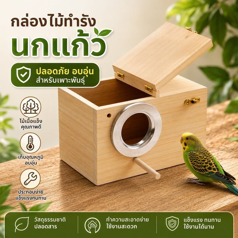 กล่องรังนกไม้แท้ กันกัด กล่องเพาะพันธุ์นก กล่องฟักไข่นก ติดกรงง่าย มีแหวนกันกัด นกแก้ว นกกุลา