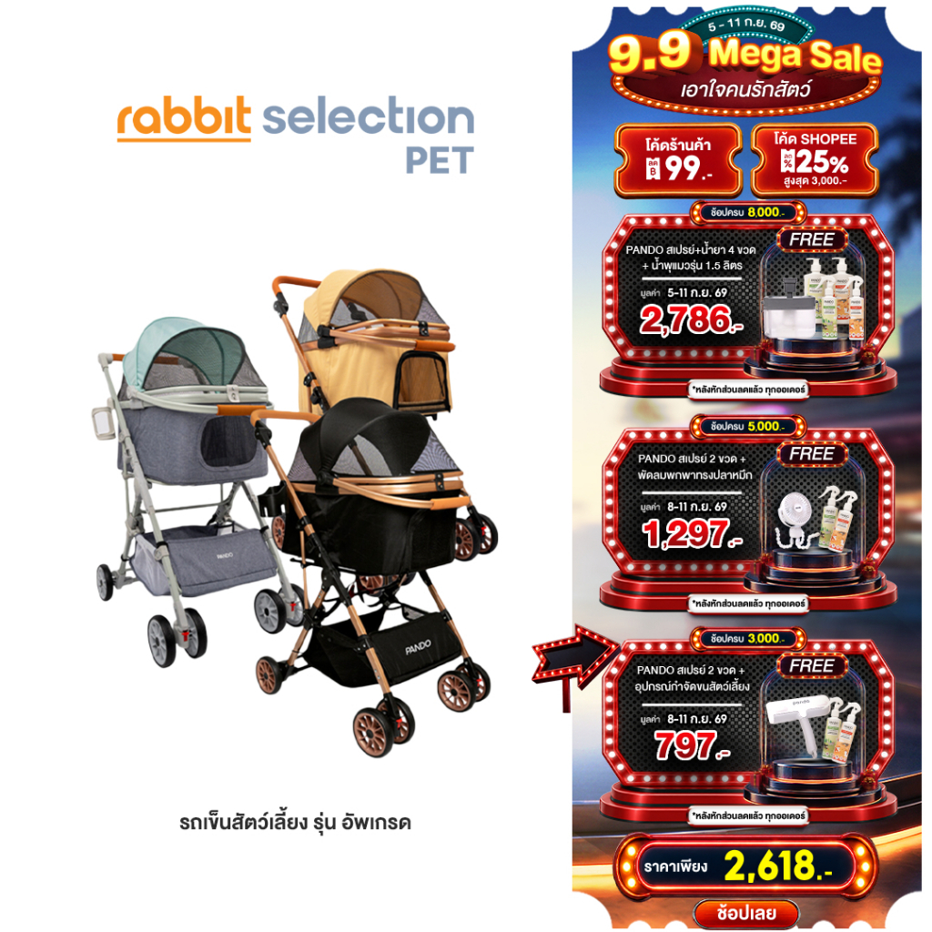 (ของแถม+โค้ดลด 99.-) Rabbit Selection Pet PANDO Second Generation Pet Trolley รถเข็นสำหรับสัตว์เลี้ย