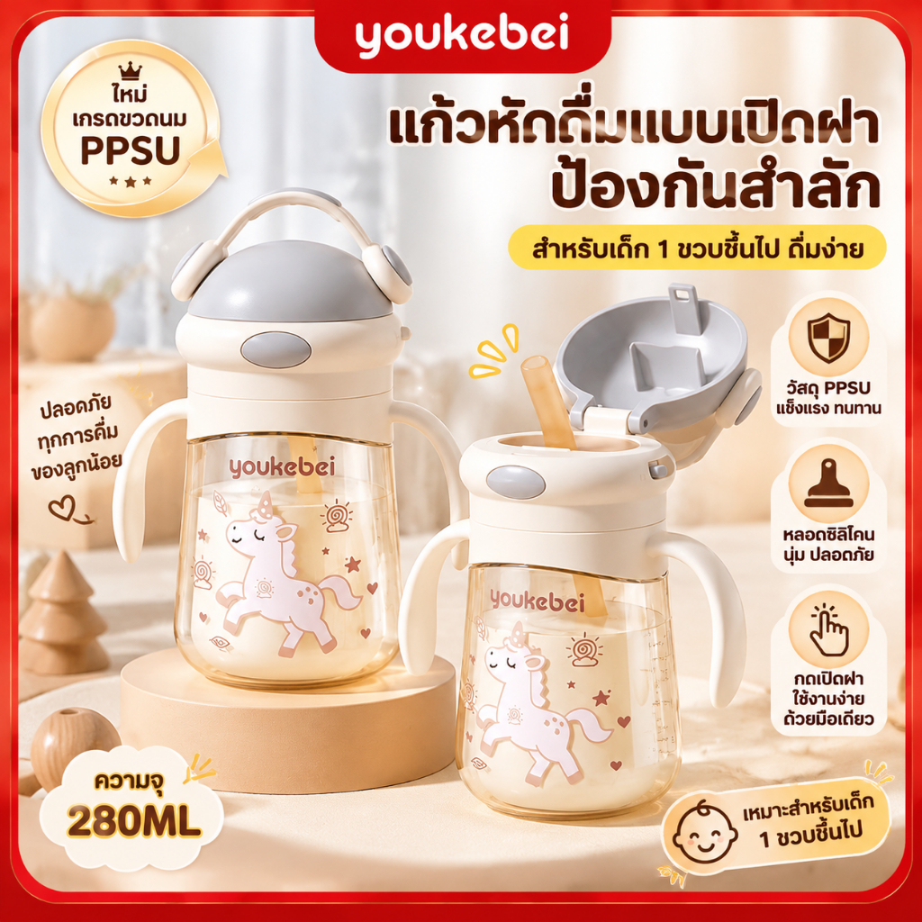 Youkebei แก้วน้ำเด็ก PPSU 350ml ฝาพับ หลอดซิลิโคน วาล์ว V กันน้ำหก ที่จับคู่ เด็ก1ปี+