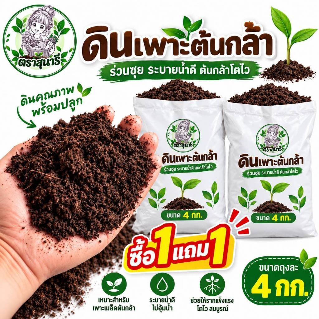 ดินสำหรับเพาะต้นกล้า ตราสุนารี ขนาดถุงละ 4 กก. (1 แถม 1  รวม 8 กก.)