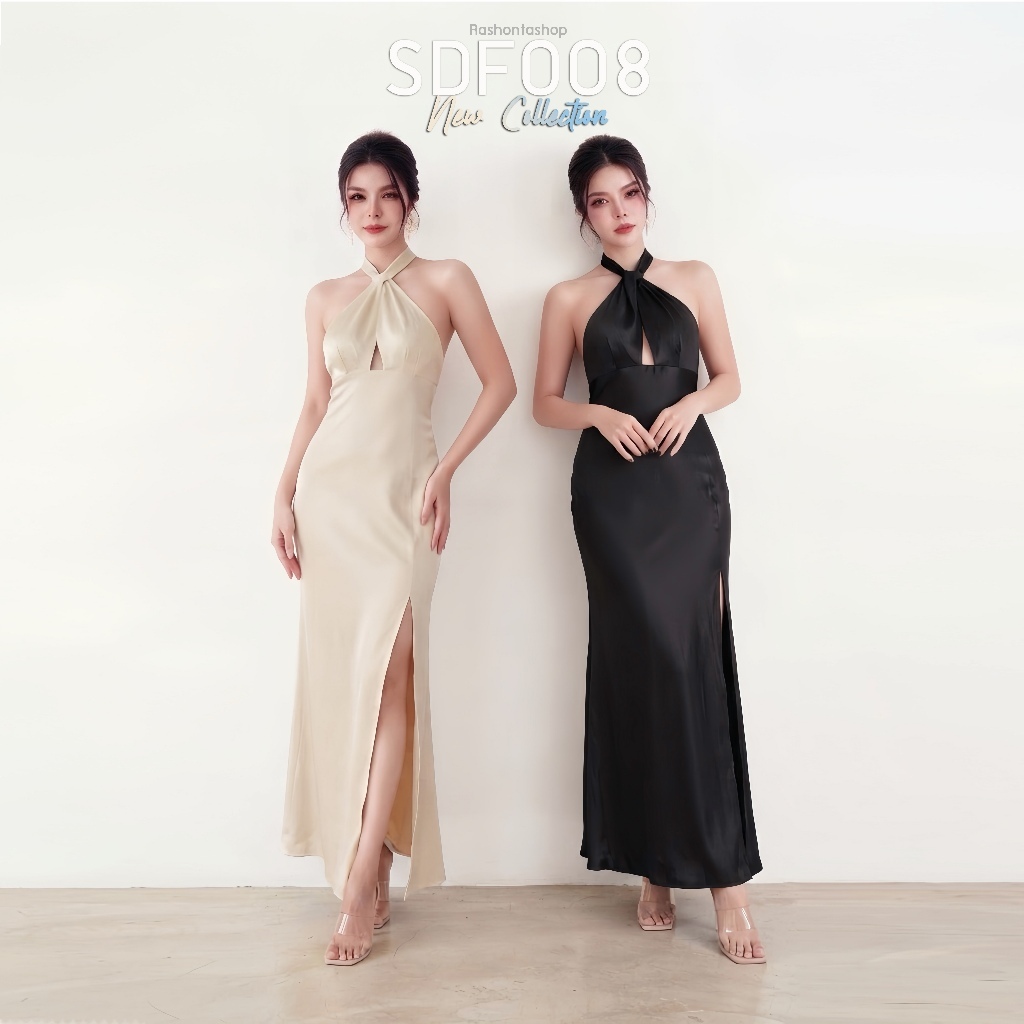 SDF008 ชุดเดรสออกงาน เดรสยาว คล้องคอ ผ่าข้าง