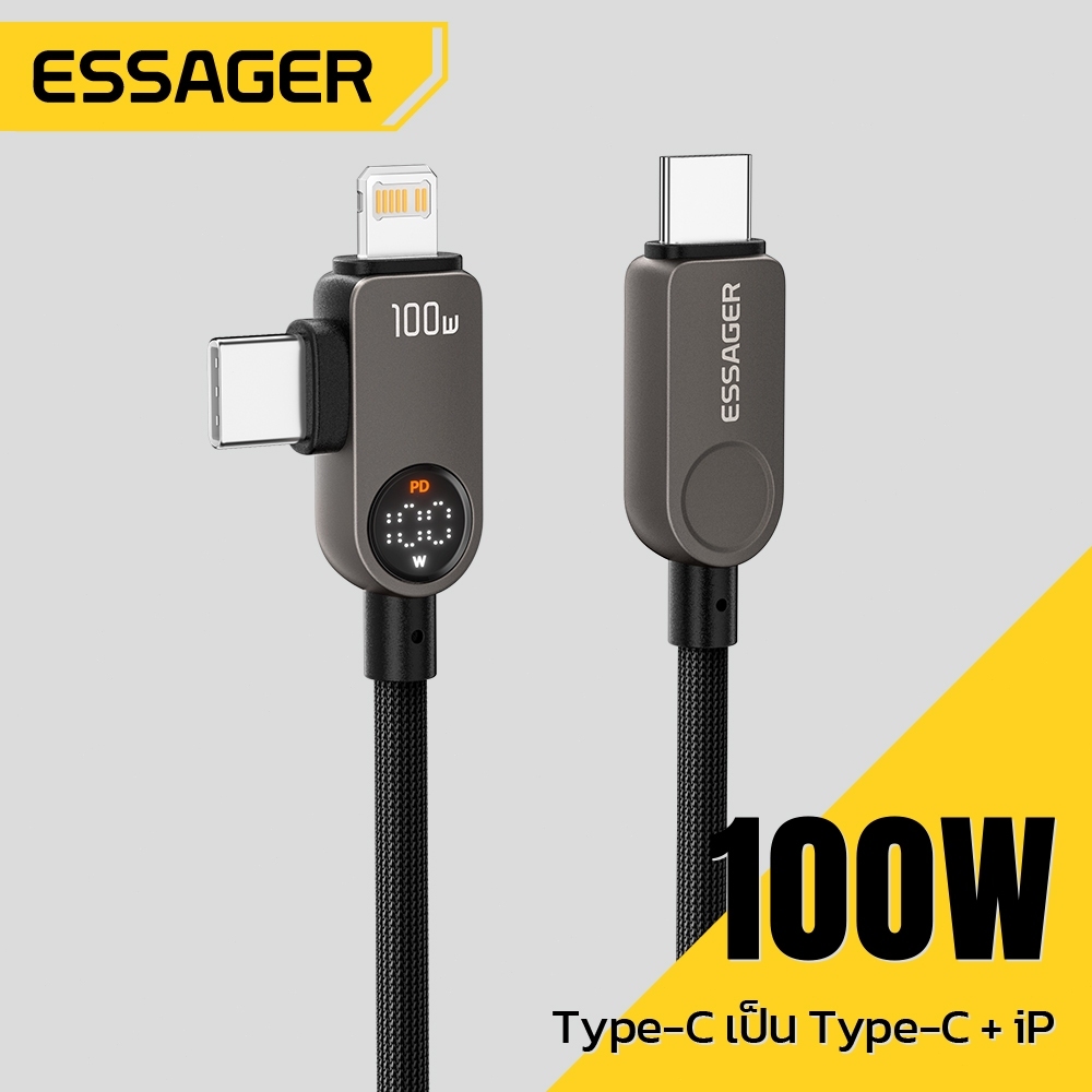 ESSAGER PD100W สายเคเบิลข้อมูลชาร์จเร็วจอแสดงผลดิจิตอลสองในหนึ่งเดียว,type-c to type-c+iP