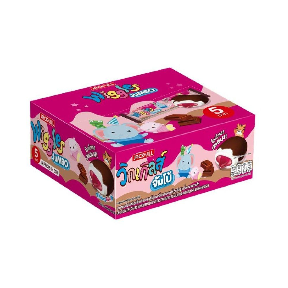 Wiggles Jumbo วิกเกิลส์ มาร์ชแมลโลว์เคลือบช็อกโกแลตสอดไส้แยม [รุ่น 5บ.] บรรจุ 12 ซอง