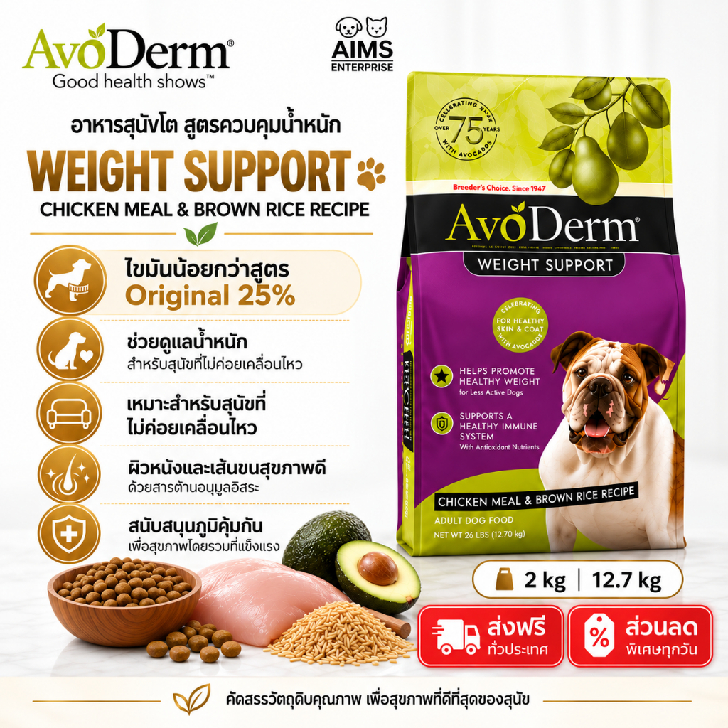 AvoDerm Weight Support อาหารสุนัขพรีเมียม ควบคุมน้ำหนัก สูตรไขมันต่ำ Chicken Meal สำหรับสุนัขอ้วน สุนัขแพ้ง่าย