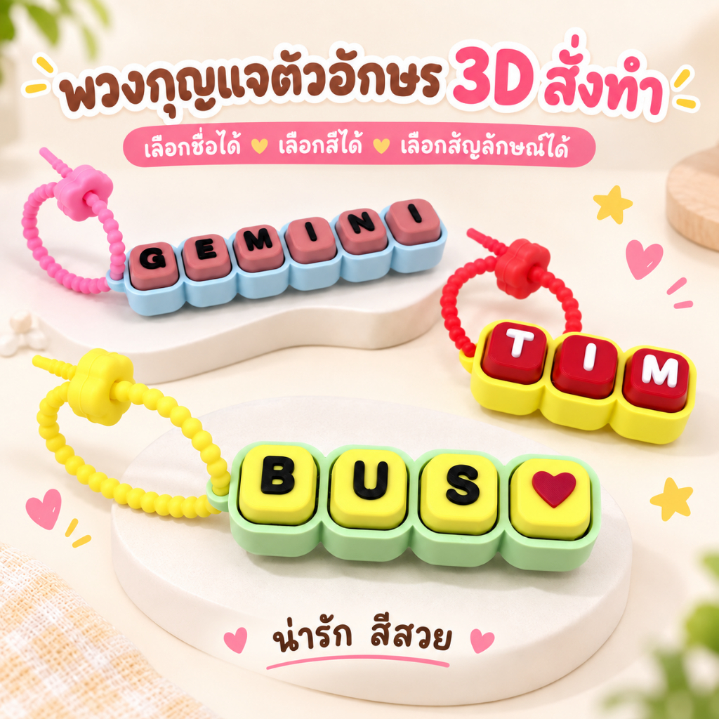 พวงกุญแจ 3D Clicker สั่งทำชื่อ 1-7 ช่อง เลือกตัวละครและสีได้ กดได้ ของขวัญน่ารัก