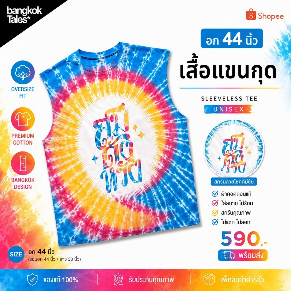 [Bangkok Tales] เสื้อมัดย้อมสมดั่งหวัง สีส้มเหลืองฟ้า แขนสั้น แขนกุด Oversize อก 40 44 นิ้ว
