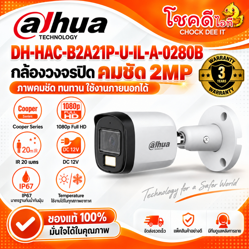 DAHUA รุ่น DH-HAC-B2A21P-U-IL-A (2.8MM) กล้องวงจรปิด ความละเอียด 2 ล้านพิกเซล สินค้าประกันศูนย์ไทย