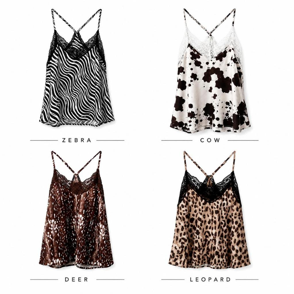 Atipashop - Safari Satin Top เสื้อสายเดี่ยวพิมพ์ลายสัตว์ แต่งขอบลูกไม้