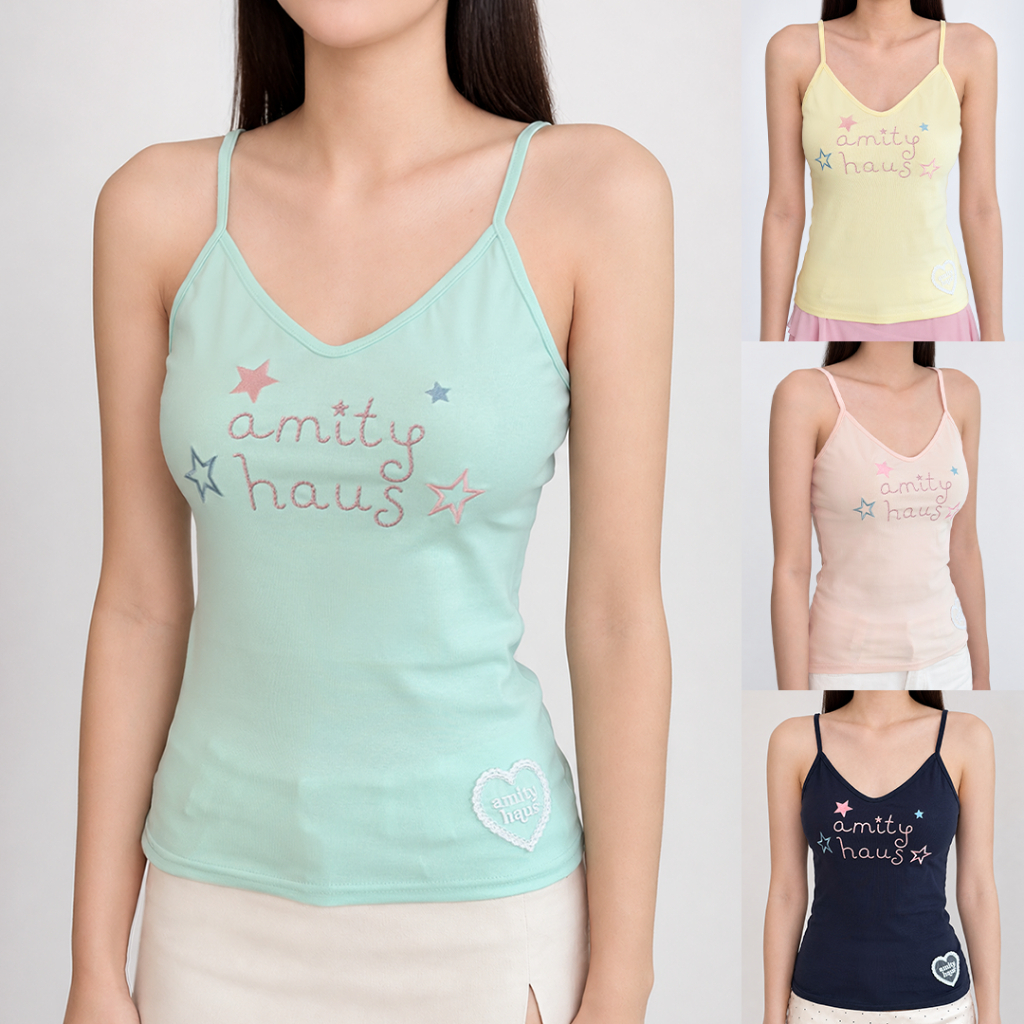 AMITY HAUS - STARLIT CAMI TOP (สายเดี่ยวรัดรูป สกรีน logo และปักดาว ลูกไม้หัวใจ นุ่มสบาย)
