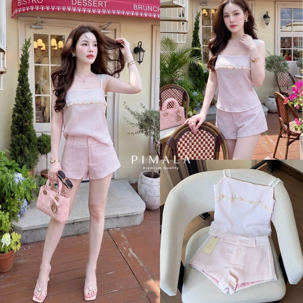 Pimala เซ็ทเสื้องานดอกไม้ลายทางสีชมพู